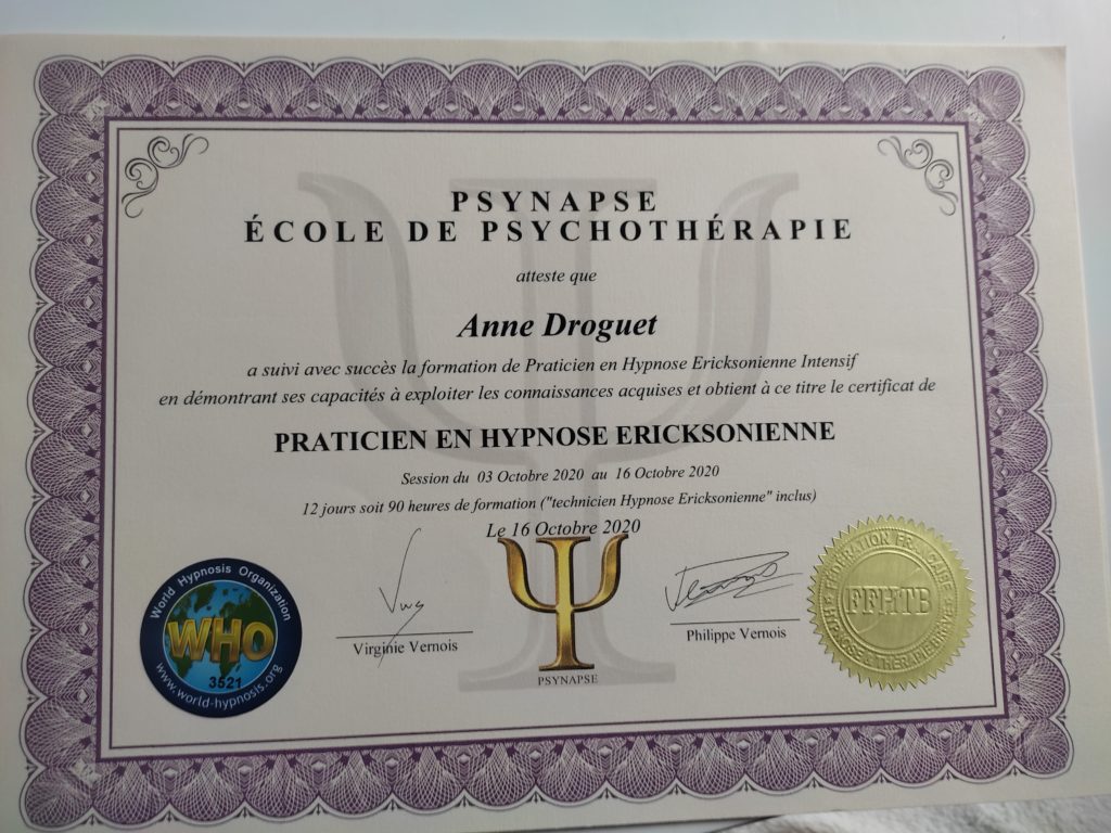 Diplôme Anne DROGUET
Praticienne en Hypnose